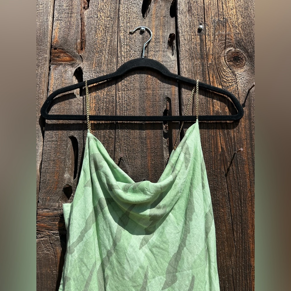 NWT Vix Surya Details Cowl Neck Camo Long Asymmetrical Dress with Gold Hardware - Picture 15 of 16